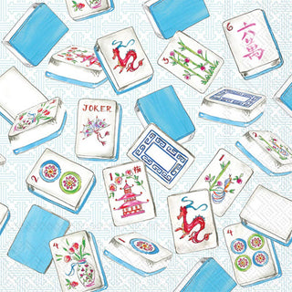 Collection of colorful Mahjong tiles on a textured white background napkins