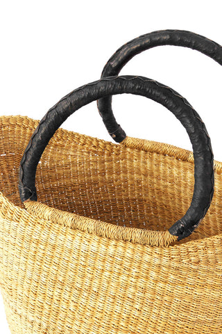 Ghanaian Wing Shopper with Black Leather Handles: Black Handles with Cream Braid