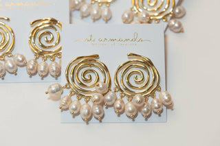 Golden Swirl Genuine Pearl Drop Statement Earrings