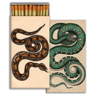 Matchbox with illustrations of snakes on a beige background