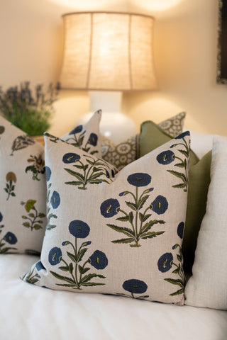 Poppy Flower Pillow in Citrine on Oatmeal Linen