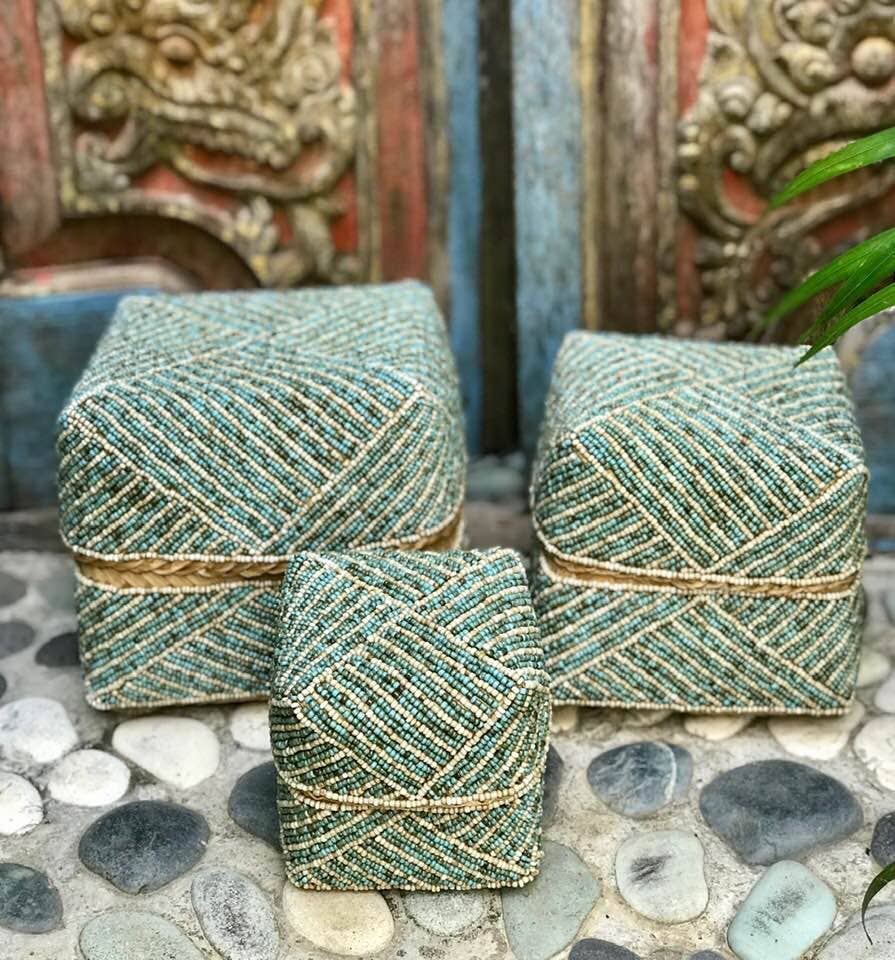 Hand Beaded Sea Blue & White Bali Basket Box - Small – Brass Monkey Home