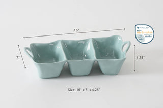 Light blue melamine three-compartment server carton with dimensions
