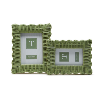 Green rattan wicker photo frame holding a 5 x 7 photo
