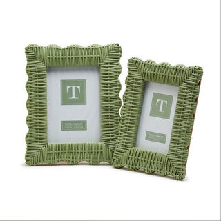 Green woven rattan photo frame displayed as natural home décor