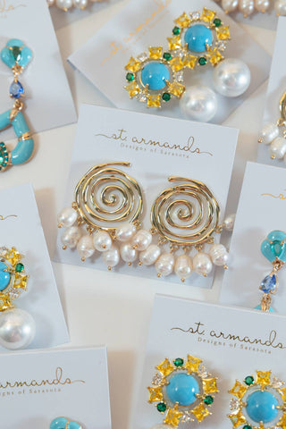 Golden Swirl Genuine Pearl Drop Statement Earrings