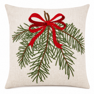 Embroidered Pine Branch & Red Bow Throw Pillow: Cover + Down-Filled Insert / 18"x18"