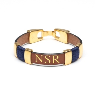 Essex - Mahogany/Navy/Gold - Leather Monogram Bracelet: XS