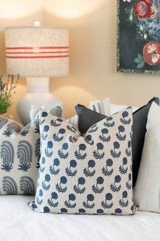 Mini Marigold Pillow in Blue on Natural Linen