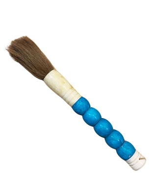 A traditional Chinese calligraphy brush with brown bristles, a cream-colored wooden ferrule, and a handle made of five glossy blue beads, shown on a plain white background.