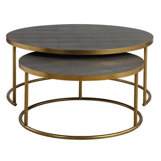 Set of two round nesting coffee tables with gold metal frames and shagreen tops