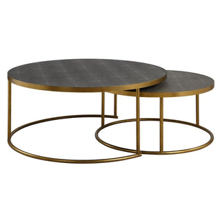 Set of two round coffee tables with gold metal frames and shagreen top