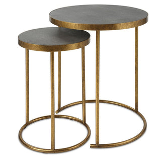 Set of two round side tables with gold metal frames and gray shagreen tops