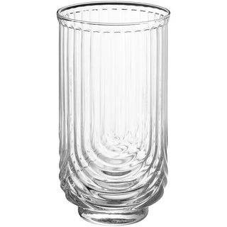 A clear Art Deco highball glass with vertical ridges and a vintage-inspired design.