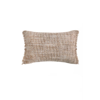 A rectangular woven throw pillow in a textured beige and light brown linen-like fabric with fringed edges, shown against a plain white background.