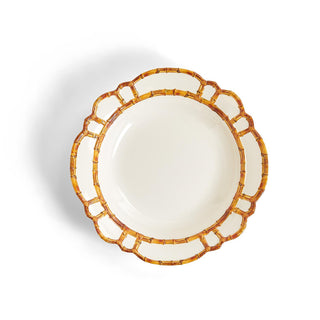 A large serving bowl with a bamboo-like pattern around the rim is made of melamine for outdoor/indoor use