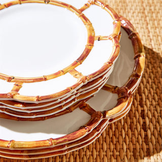 These plastic bamboo rimmed dinner plates are perfect for indoor/outdoor use.