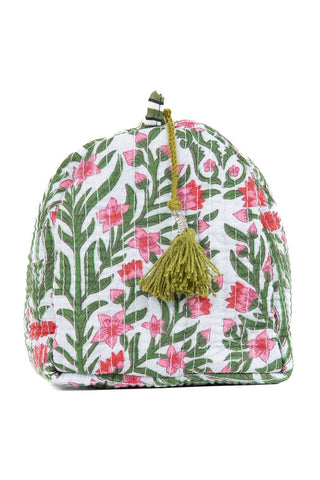Tea cozy with floral pattern and tassel on a white background