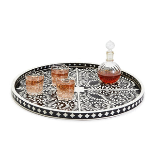 Jaipur Bone Inlay Decorative Round Table Tray in Black and White