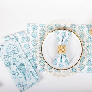 Blockprint seafoam kitchen towel set displayed with plate and napkin ring