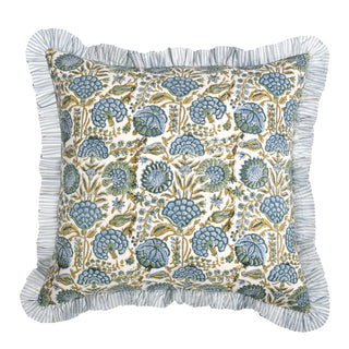 Blue Lotus Ruffled Block Print Pillow