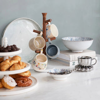 Blue White Stoneware Footed Plate w Reactive Glaze