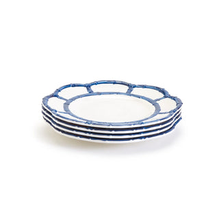 A set of four blue and white melamine salad/dessert plates with bamboo-style rims.