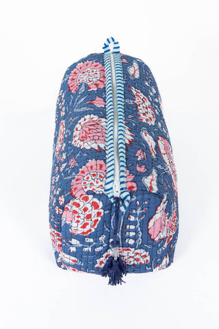 Floral-patterned bag with a zipper on a white background