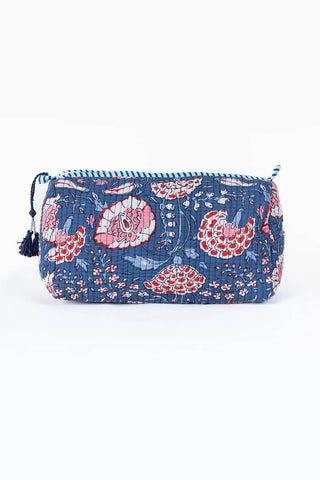 Blue pouch with pink floral pattern on a white background