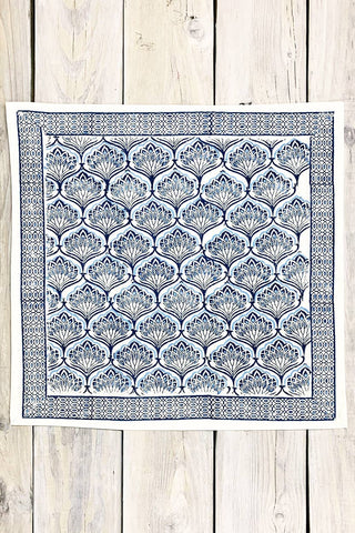 Set of 4 hand block printed lotus napkinsin soft blues.
