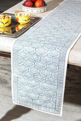 Decorative hand block print runner with a blue lotus pattern