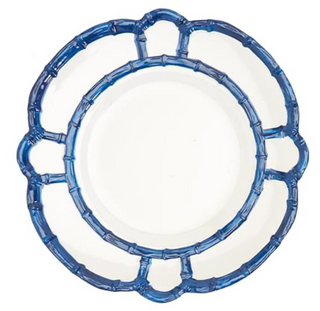 These blue and white rimmed Bamboo Dinner Plates provide global and tropical flair.