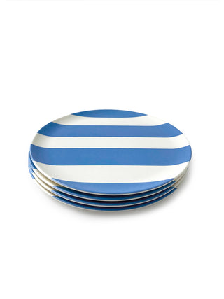 Set of four blue and white melamine striped plates