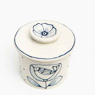 French butter crock with blue white hand-painted floral design. Each one is a piece of art.