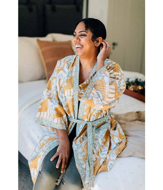 Short robe in blue white and yellow block print