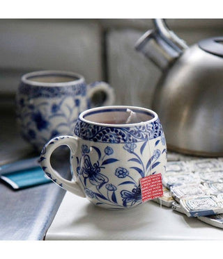 Blue and white floral-patterned oversized mug for coffee or tea