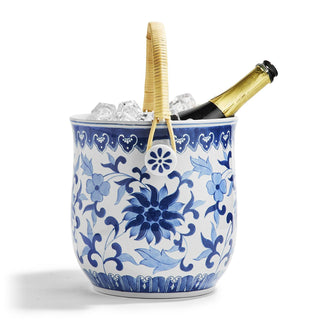 Blue and White Chinoiserie Ice Bucket with Woven Cane Basket Handle