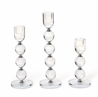 set of 3 bobbin-style crystal glass taper candlesticks in varying heights