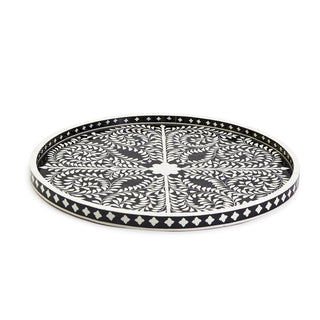 Bone Inlay Decorative Round Table Tray, Black and White is made in India