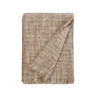 A folded woven throw blanket in a textured beige and light brown pattern with fringed edges, shown on a solid white background.