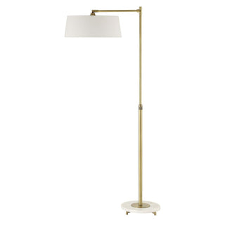 Floor lamp with a long arm and white shade and gold marble base 
