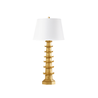 A gold-colored pagoda table lamp without a shade, featuring a gilded, Asian-inspired motif with intricate details.