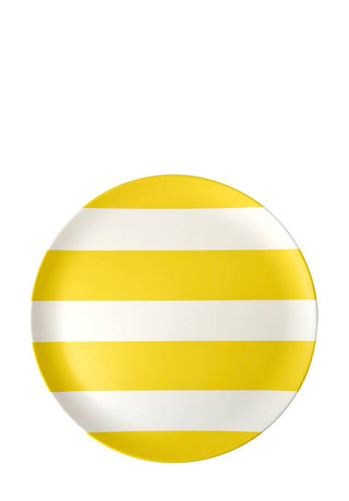 Round striped appetizer plates with yellow and white horizontal stripes