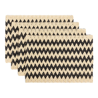 Set of four chevron patterned placemats with black and beige colors on a white background.