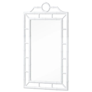 A white rectangular mirror with a bamboo-style frame 