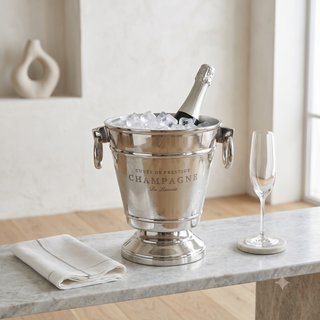 A polished silver champagne bucket filled with ice, with a bottle of champagne inside and a clear champagne flute beside it on a marble table in a bright interior setting.