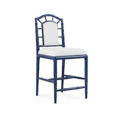 A modern counter stool with a midnight blue lacquered wood frame and a white cushion on a snow white cotton drop-in cushion.