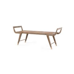 A brown oak bench with a cane seat and brass sabots, with a simple, vintage design and winged arms for easy pickup and movement.