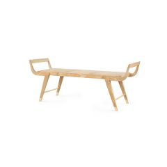 A clear lacquered cerused oak bench with brass sabots and winged arms, pictured on a white background.