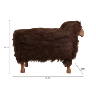 Brown plush sheep toy with dimensions on a white background